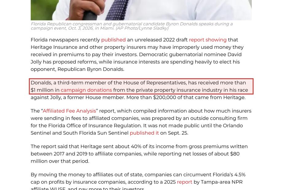 Screenshot of the source on floridaindependentnews.com, with the key passage boxed in red