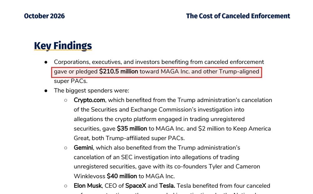 Page 2 of the Public Citizen report, with the line on $210.5 million given or pledged to Trump-aligned super PACs boxed in red