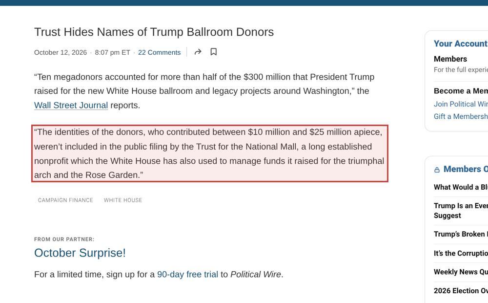 Screenshot of the source on politicalwire.com, with the key passage boxed in red