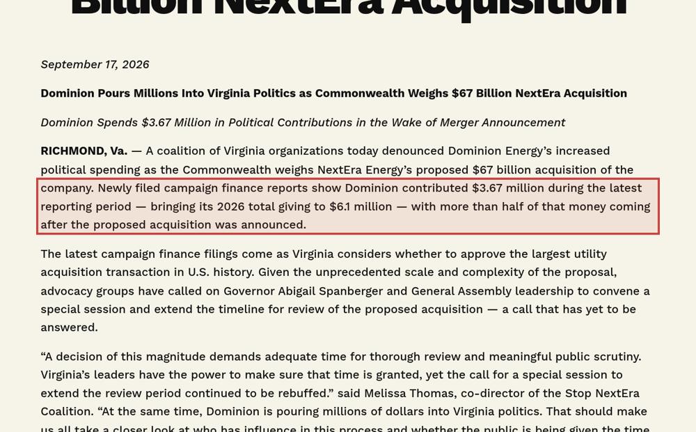 Screenshot of the source on stopnextera.com, with the key passage boxed in red