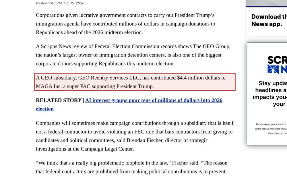 Screenshot of the source on scrippsnews.com, with the key passage boxed in red