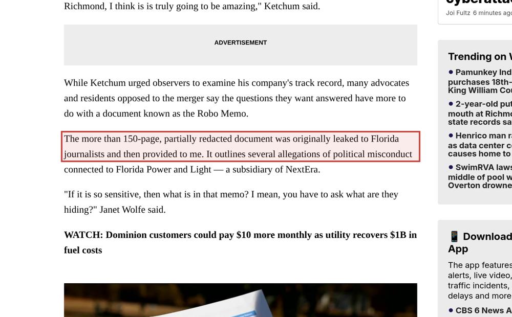 Screenshot of the source on wtvr.com, with the key passage boxed in red