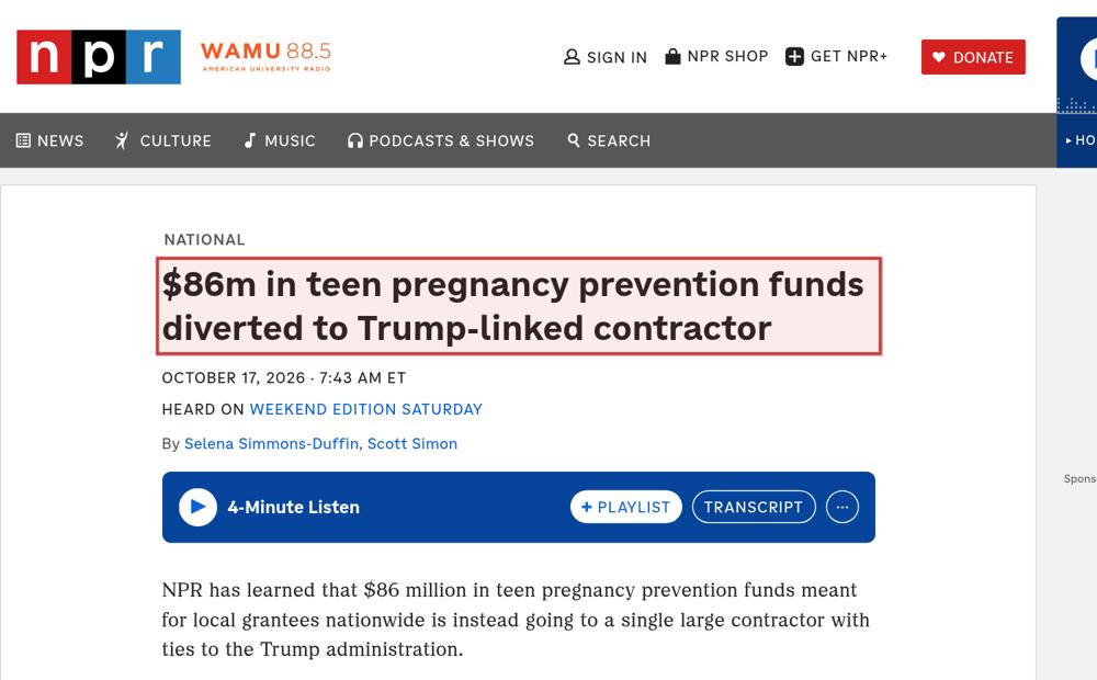 Screenshot of the source on npr.org, with the key passage boxed in red